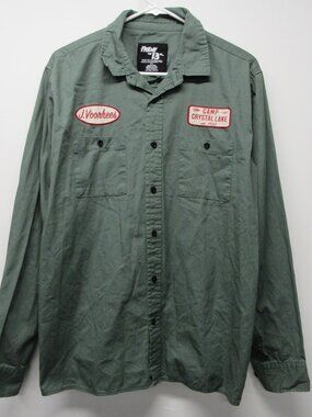 Friday the 13th Shirt Green Camp Crystal Lake Jason Voorhees Button Front sz L